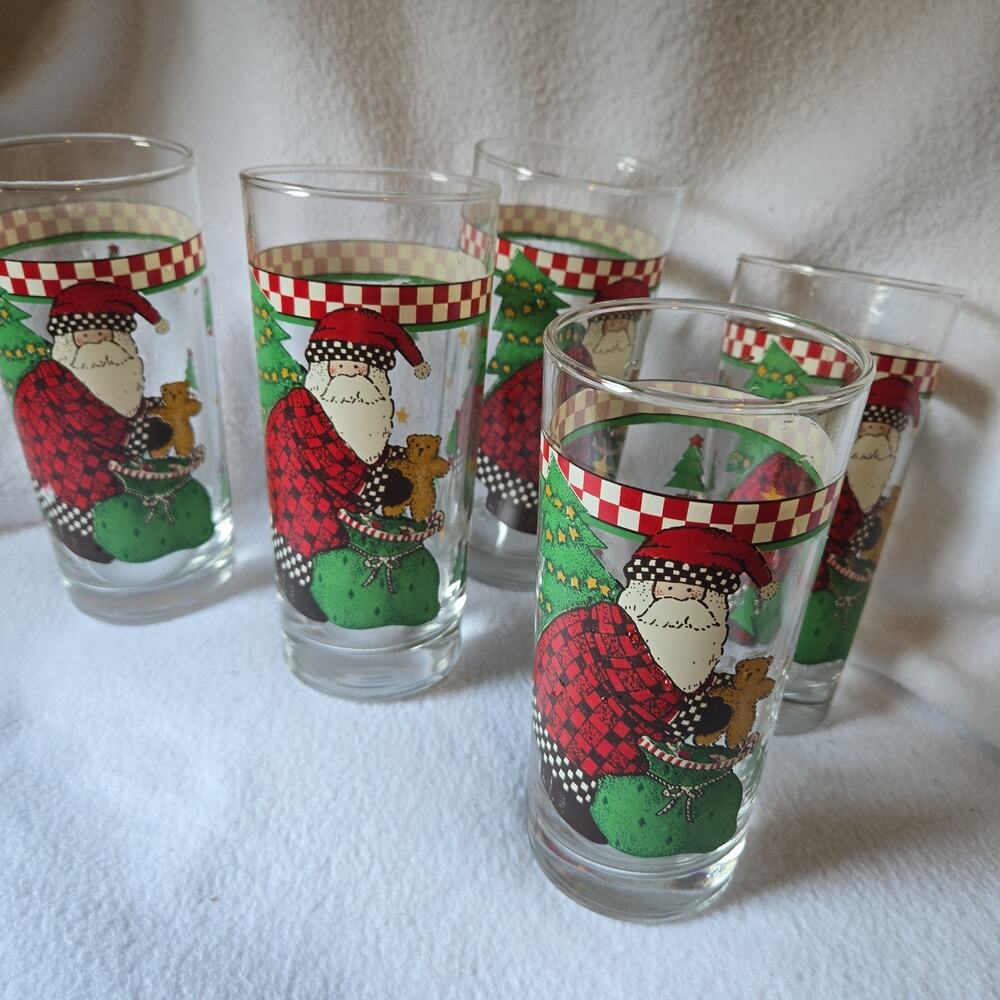 Anchor Hocking Christmas Glasses Set Of 5 Santa Claus Holiday Vintage